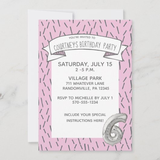 Invitation Balloon rose et gris Filles 6e fête d'anniversaire (Dos)