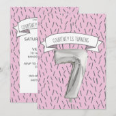 Invitation Balloon rose et gris Filles 7e fête d'anniversaire (Devant / Derrière)