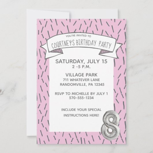 Invitation Balloon rose et gris Filles 8e anniversaire (Dos)