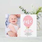 Invitation Balloon rose Fille premier anniversaire avec photo (Debout devant)