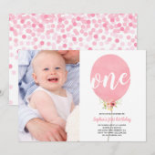 Invitation Balloon rose Fille premier anniversaire avec photo (Devant / Derrière)