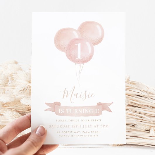 Invitation Balloon rose Filles 1er Anniversaire Fête Jolie