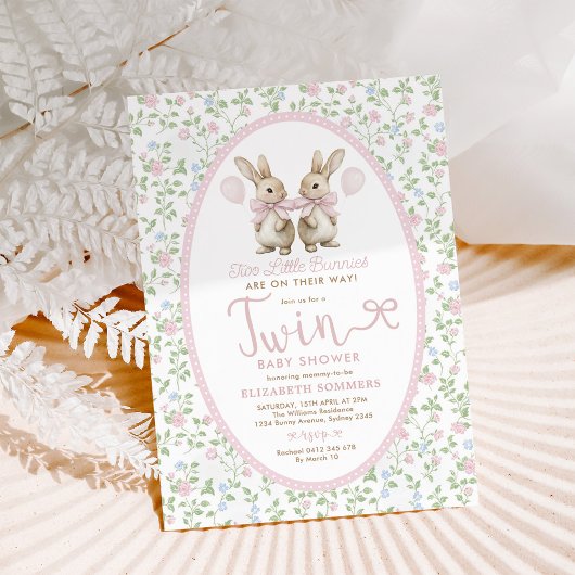 Invitation Balloon rose Floral Bunny Twin Baby shower fille j