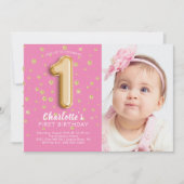 Invitation Balloon rose Foil Photo 1er Anniversaire Invitatio (Devant)