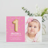 Invitation Balloon rose Foil Photo 1er Anniversaire Invitatio (Debout devant)