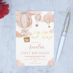 Invitation Balloon Rose Hot Air Fille Premier anniversaire