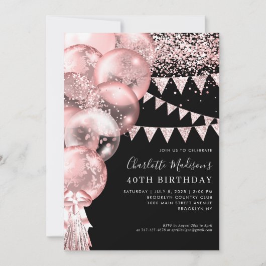 Invitation Balloon Rose noir Parties scintillant or n'importe (Devant)