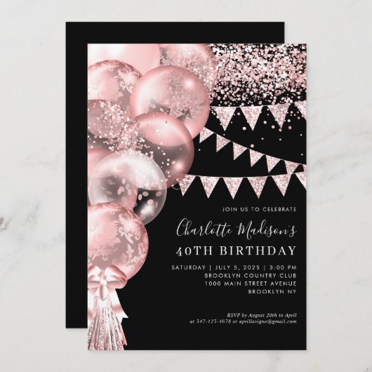 Invitation Balloon Rose noir Parties scintillant or n'importe (Devant / Derrière)