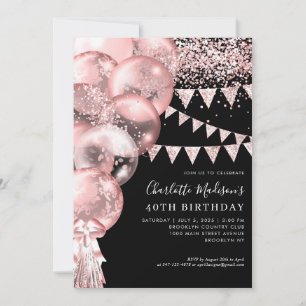 Invitation Balloon Rose noir Parties scintillant or n'importe