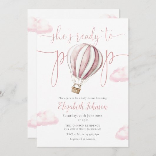 Invitation Balloon rose Pop Fille tout en un Baby shower (Devant / Derrière)