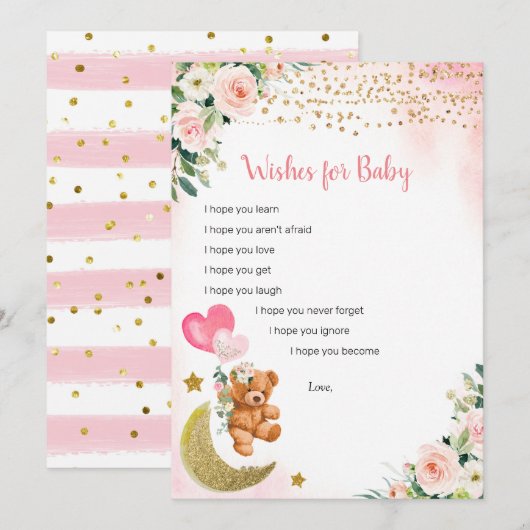 Invitation Balloon rose Teddy Bear Wives for Baby Game Card (Devant / Derrière)