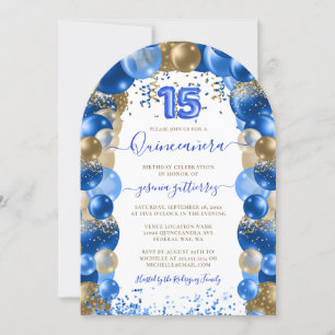 Invitation Balloon Royal Blue Gold Sparkle Quinceañera