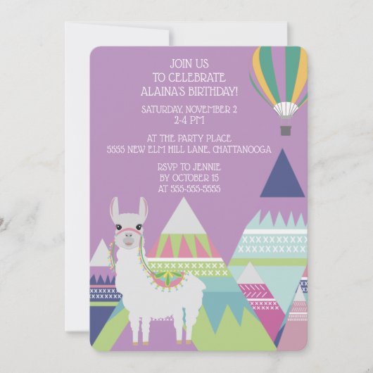 Invitation Balloon violet Alpaca Petite fille Anniversaire (Devant)