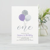 Invitation Balloon violet, argent 1ère fête d'anniversaire de (Debout devant)