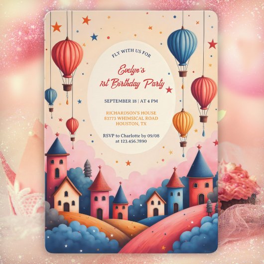 Invitation Balloon Whimsical Hot Air 1er anniversaire