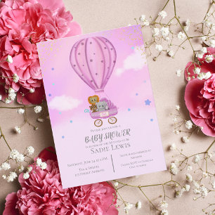 Invitation Balloons à Air Chaud Aquarelle Fille Baby Shower