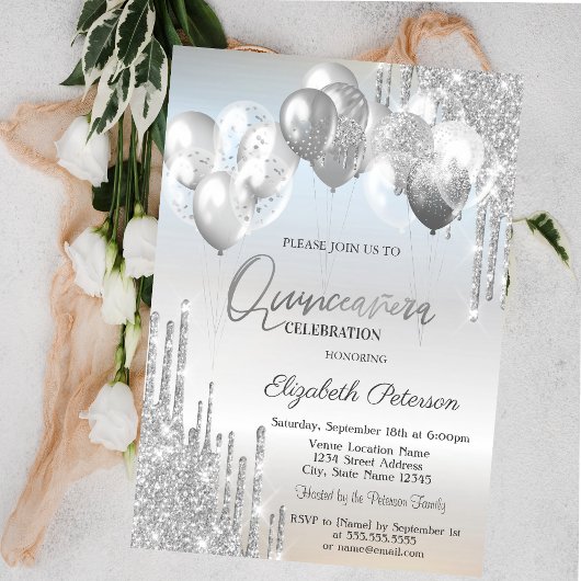 Invitation Balloons à paillettes argentées de style chic