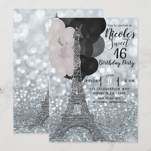 Invitation Balloons à paillettes argentées Tour Eiffel Douze