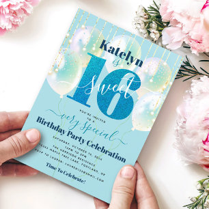 Invitation Balloons Anniversaire 16 Ans Sweet 16 Pailletés Bl