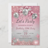 Invitation Balloons Anniversaire Gouttes de Paillettes Argent (Devant)