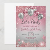 Invitation Balloons Anniversaire Gouttes de Paillettes Argent (Devant / Derrière)