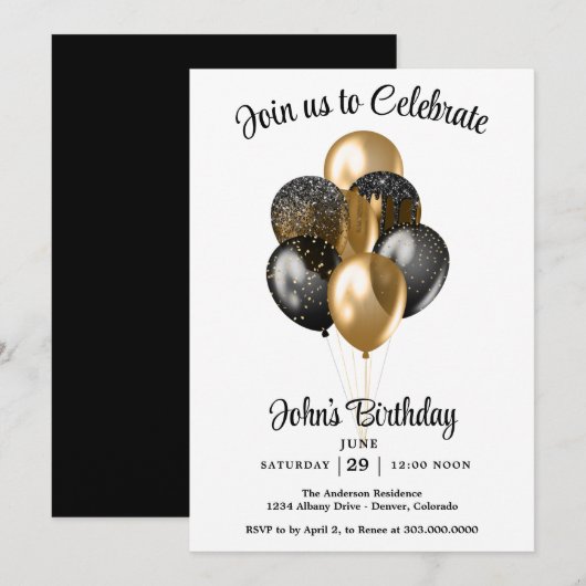 Invitation Balloons Anniversaire Hommes (Devant / Derrière)