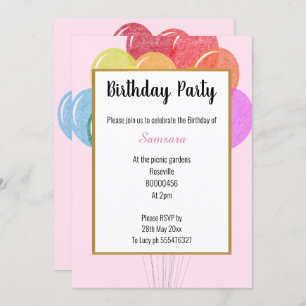 Invitation Balloons arc-en-ciel PINK Anniversaire