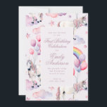 Invitation Balloons Arc-en-ciel Unicorn Première Fille de fêt<br><div class="desc">Partie d'une collection Rainbow Balloons Unicorn rose Premier anniversaire Fille Invitation</div>