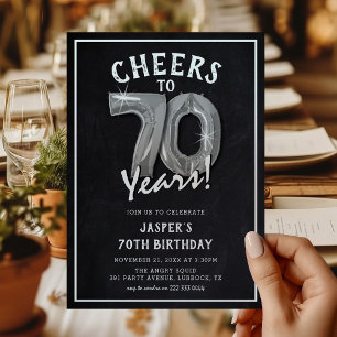 Invitation Balloons Argentés Chalkboard Rustique 70e Annivers
