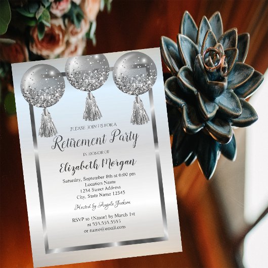 Invitation Balloons argentés chic, cadre, retraite