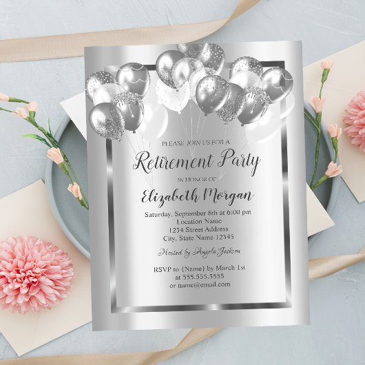 Invitation Balloons argentés chic, cadre, retraite