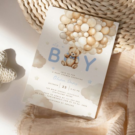 Invitation Balloons Beige Ours En Teddy Boy Baby shower moder
