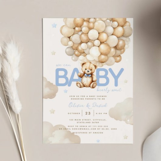 Invitation Balloons beiges Ours Teddy Baby shower moderne