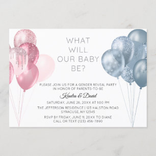 Invitation Balloons bleu rose moderne Fête de révélation de g