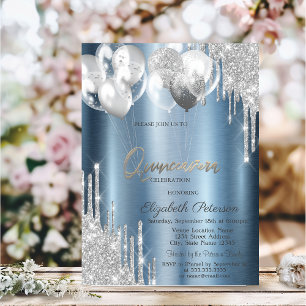 Invitation Balloons Bleus de Quinceanera avec Gouttes de Pail