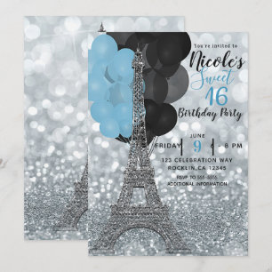 Invitation Balloons Bleus Pailletés Argent Tour Eiffel Paris
