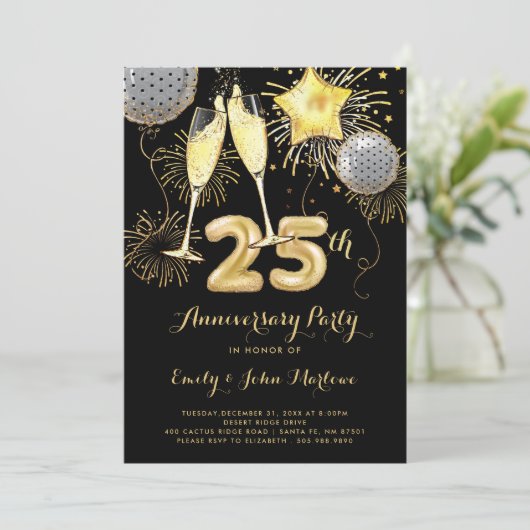 Invitation Balloons Champagne Noir Or 25e Anniversaire (Debout devant)
