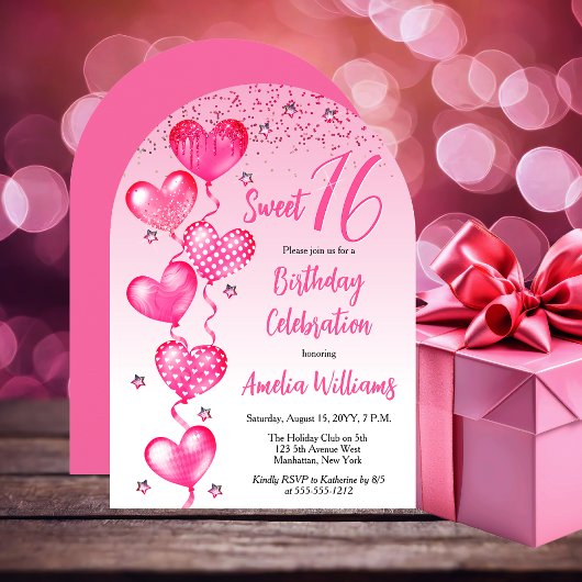 Invitation Balloons Coeur Rose Doux 16 Anniversaire
