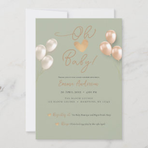 Invitation Balloons Coeur Sage Moderne Baby shower Neutre
