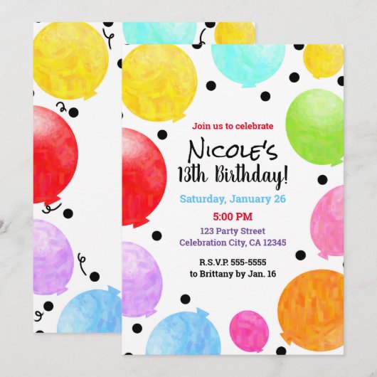 Invitation Balloons Colorés Amusants pour Célébration d'Anniv (Devant / Derrière)