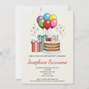 Invitation Balloons colorés d'anniversaire avec gâteau et cad