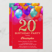 Invitation Balloons colorés rouges et or pour 20e anniversair (Devant / Derrière)