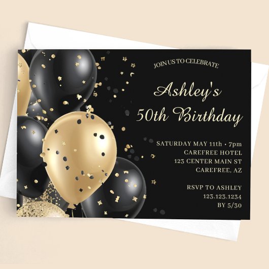 Invitation Balloons Confetti Black Gold 50e anniversaire