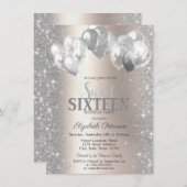 Invitation Balloons Confetti en argent Champagne Sweet 16 (Devant / Derrière)