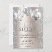 Invitation Balloons Confetti en argent Champagne Sweet 16 (Devant)