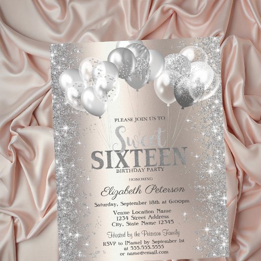 Invitation Balloons Confetti en argent Champagne Sweet 16
