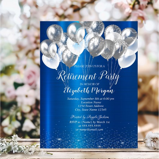 Invitation Balloons Confetti en argent Retraite en métal bleu
