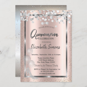 Invitation Balloons Confetti en argent Rose Gold Quinceañera