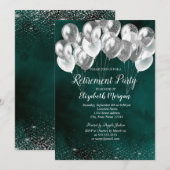Invitation Balloons Confettis Argentés Élégants Vert Retraite (Devant / Derrière)