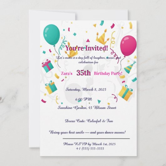 Invitation Balloons Confettis Colorés Fun 35ème (Devant)